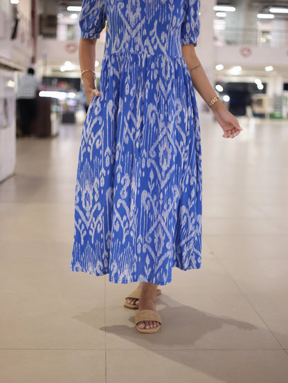 Indigo Ikat maternity wear dress for feeding