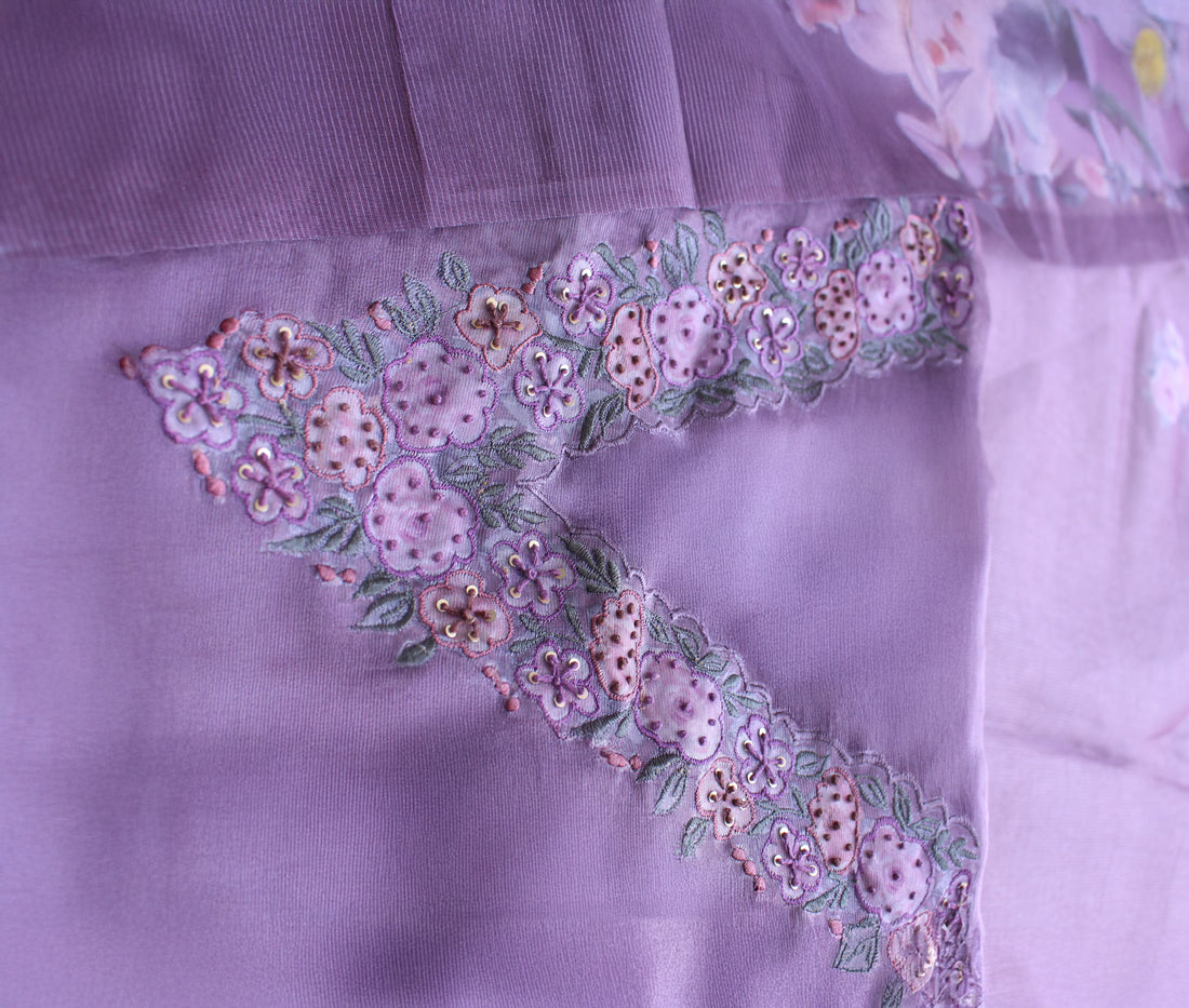 Divine Lilac Floral Handwork Unstitched Silver Browie Fabric