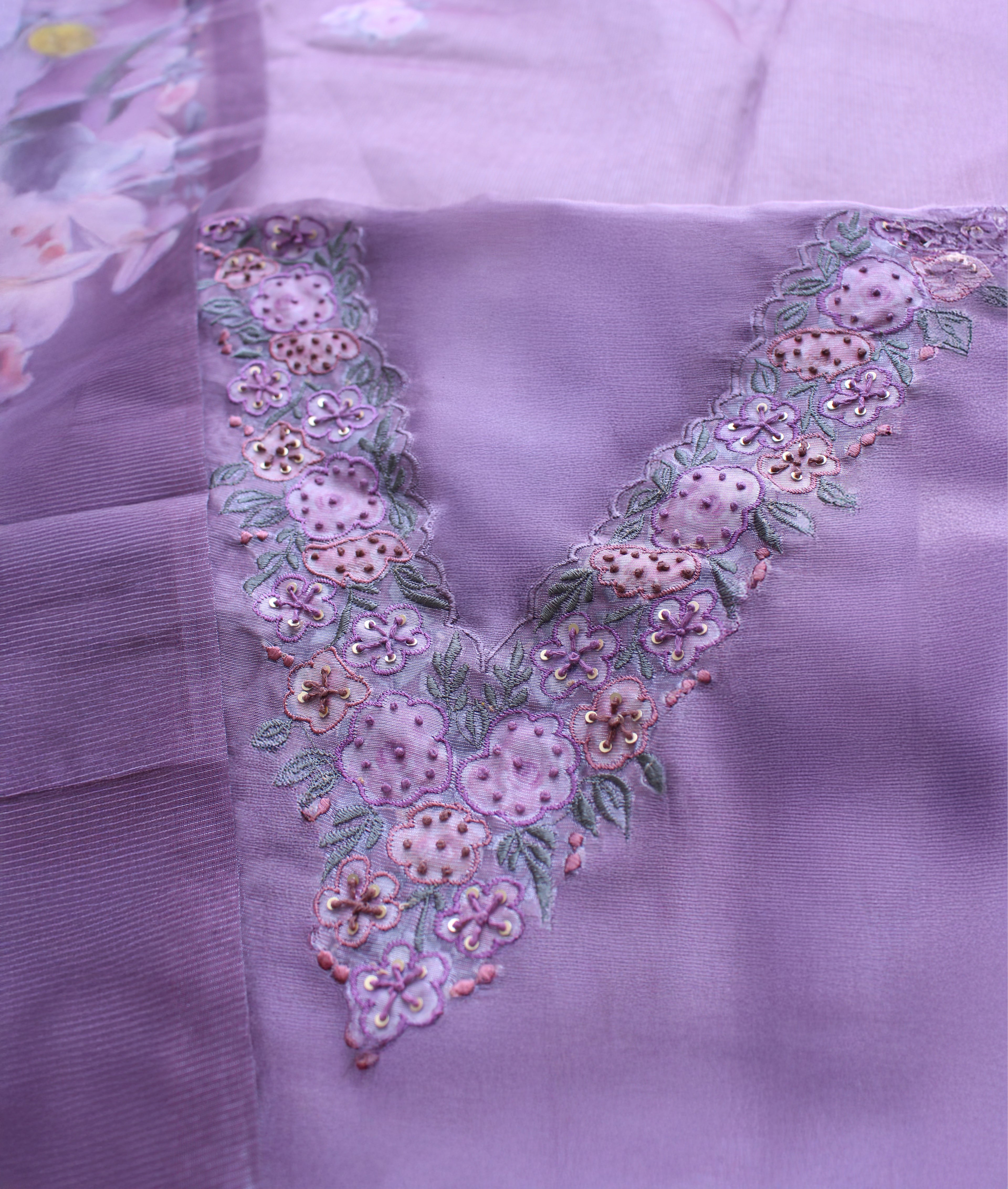 Divine Lilac Floral Handwork Unstitched Silver Browie Fabric