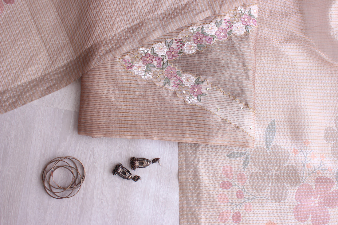 Serene Beige Floral Hand Emroidery Unstitched Crush Silk Fabric