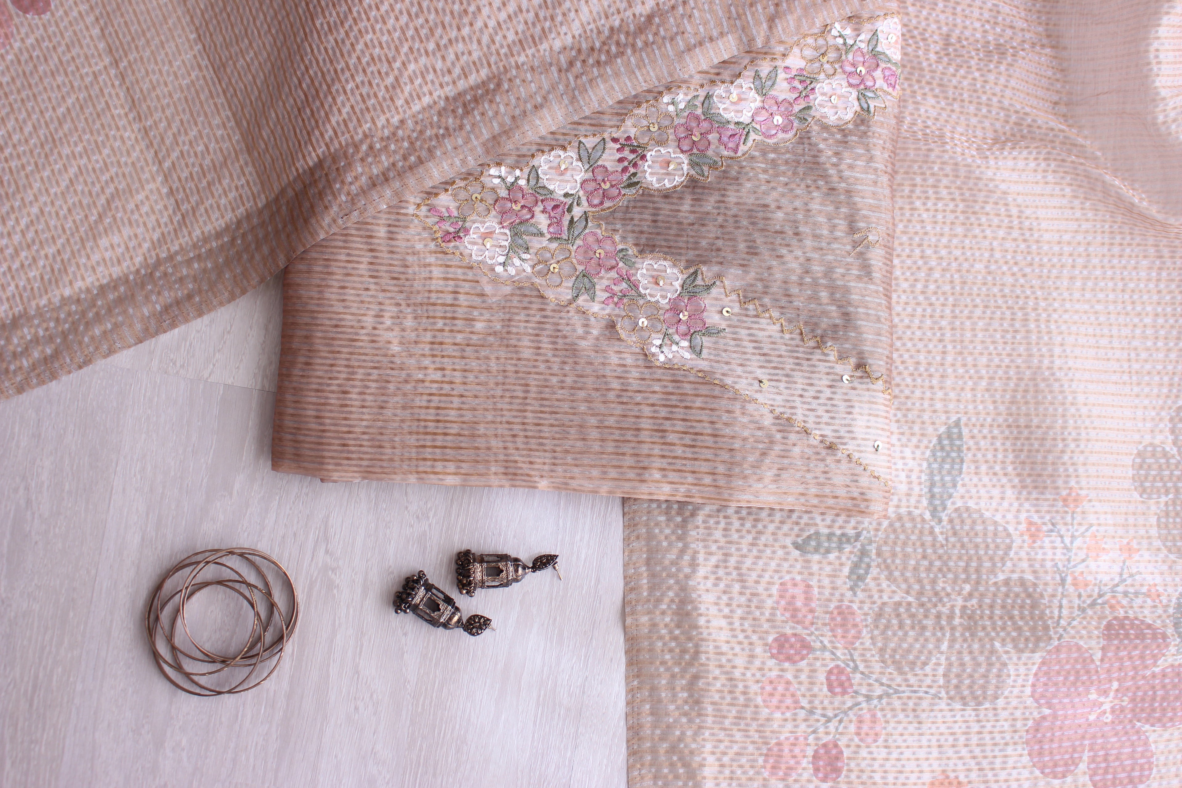 Serene Beige Floral Hand Emroidery Unstitched Crush Silk Fabric