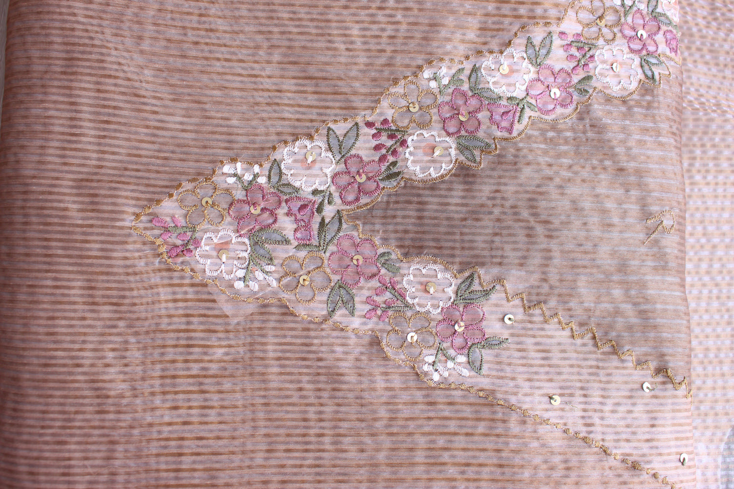 Serene Beige Floral Hand Emroidery Unstitched Crush Silk Fabric