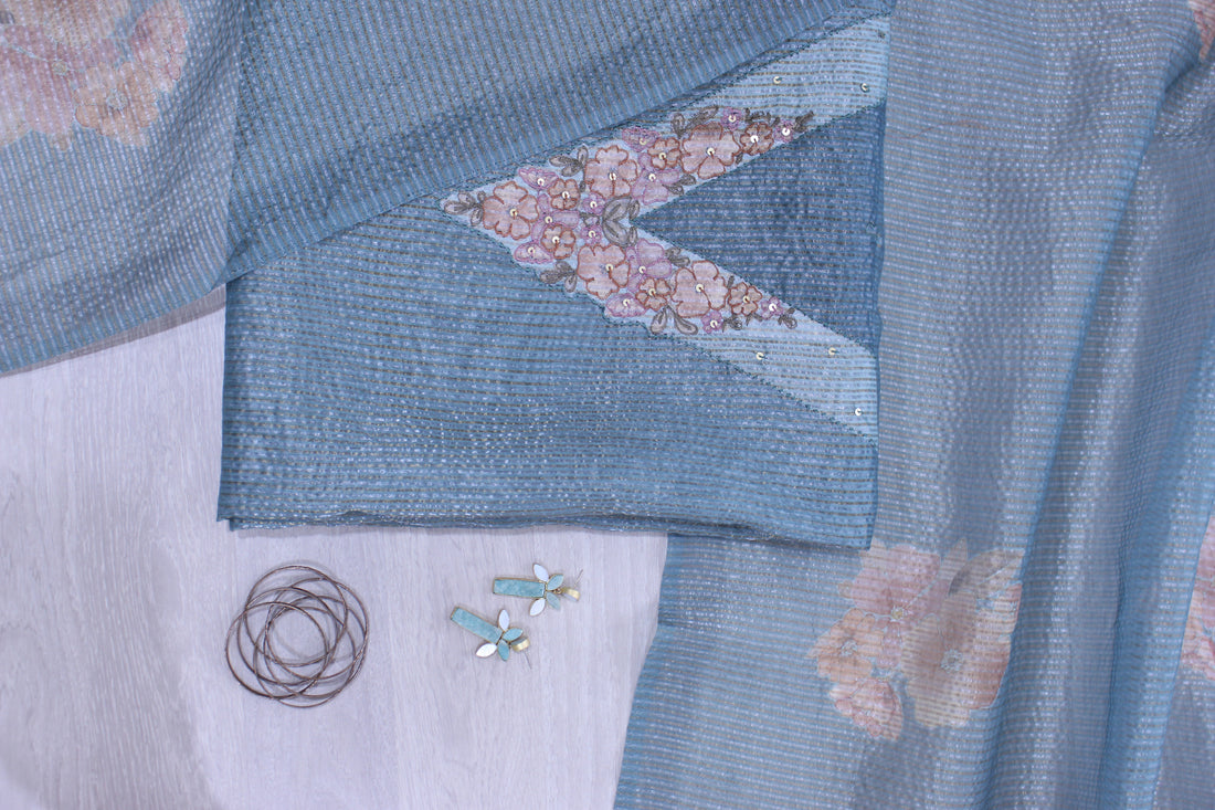 Blue Mist Floral Hand Embroidery Unstitched Crush Silk Fabric
