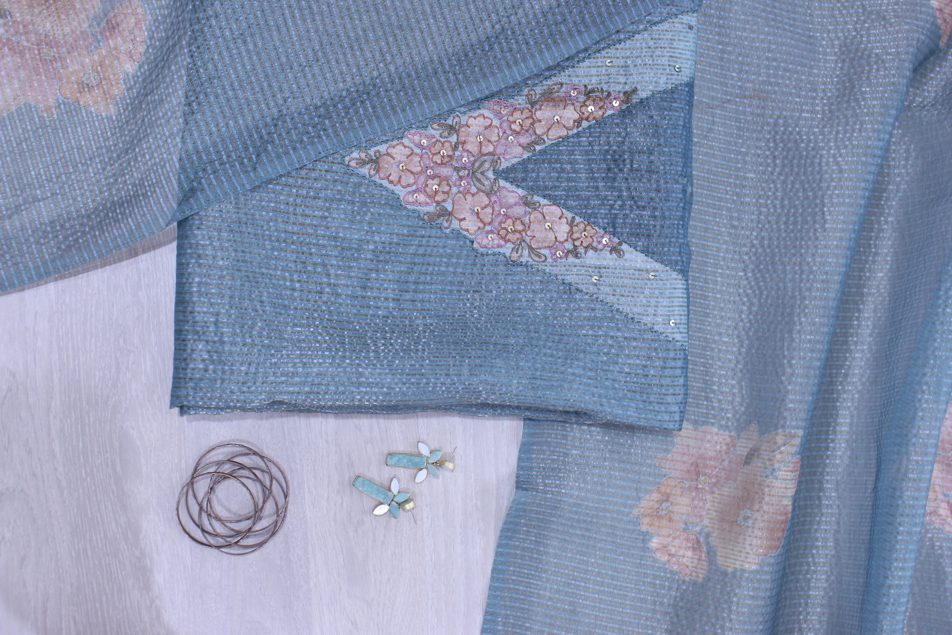 Blue Mist Floral Hand Embroidery Unstitched Crush Silk Fabric