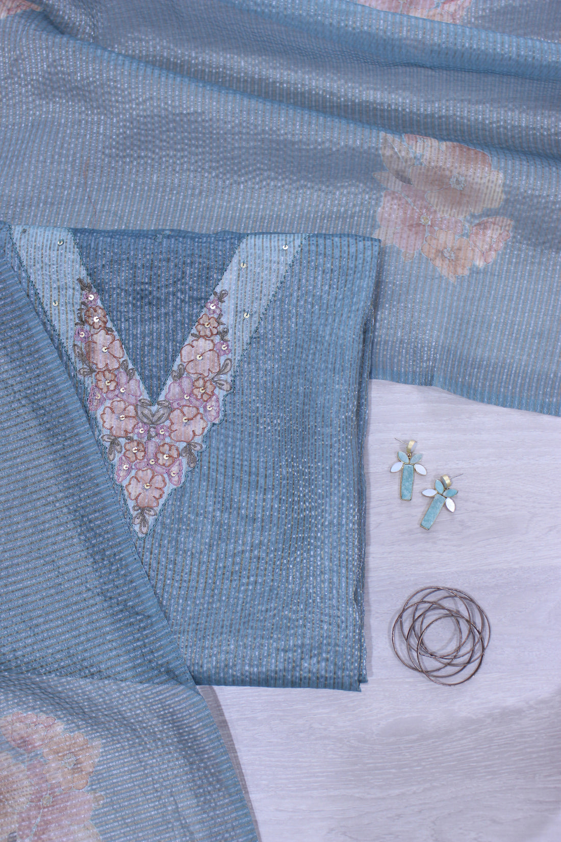 Blue Mist Floral Hand Embroidery Unstitched Crush Silk Fabric