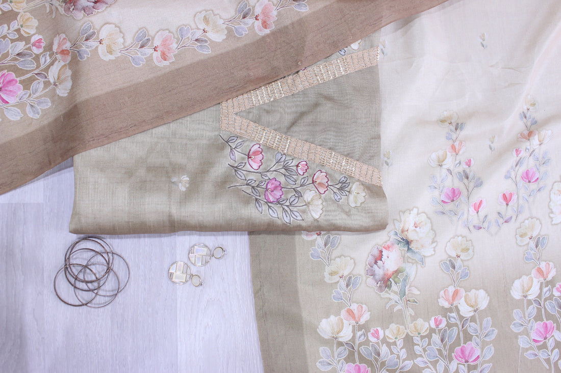 Classic Natural Tussar Handwork Blossom Embroidery Unstitched Fabric