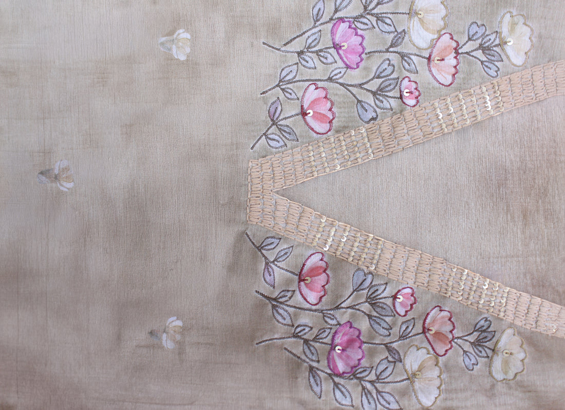 Classic Natural Tussar Handwork Blossom Embroidery Unstitched Fabric