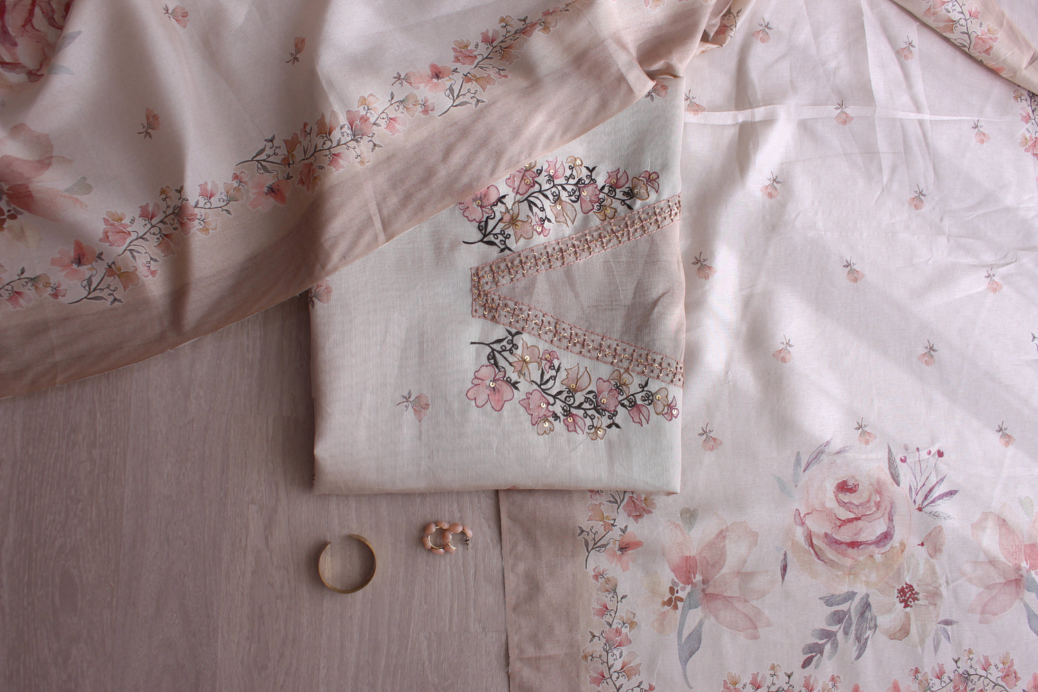 Ivory Grace Pastel Blossom Hand Embroidery Unstitched Fabric