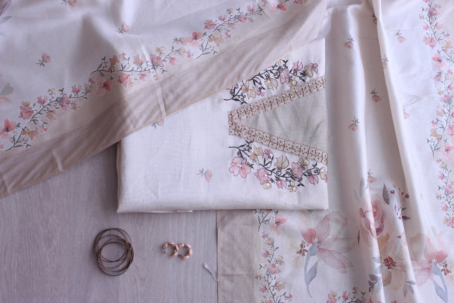 Ivory Grace Pastel Blossom Hand Embroidery Unstitched Fabric