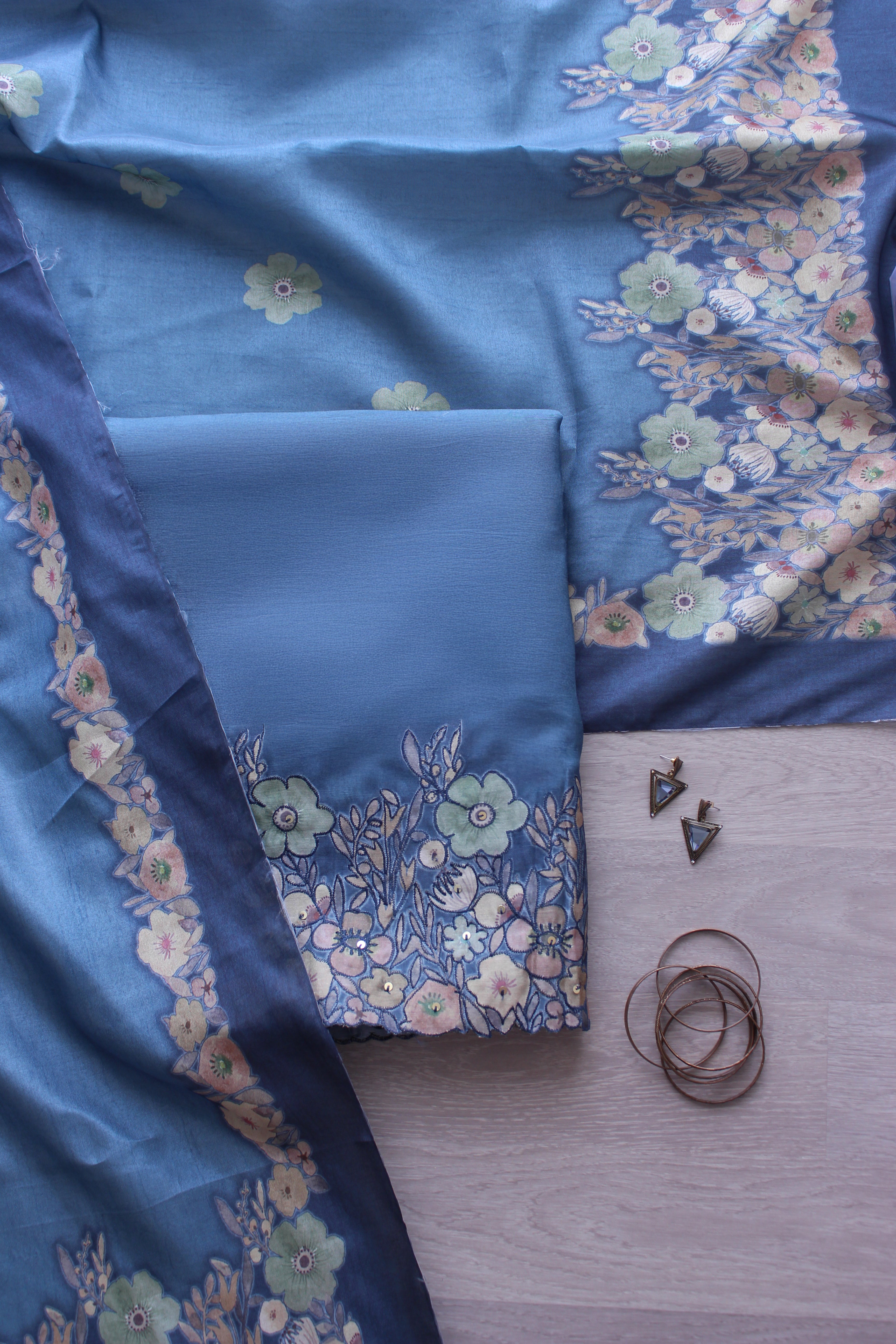 Dark Blue Floral Hand Embroidery Unstitched Silver Browie Fabric