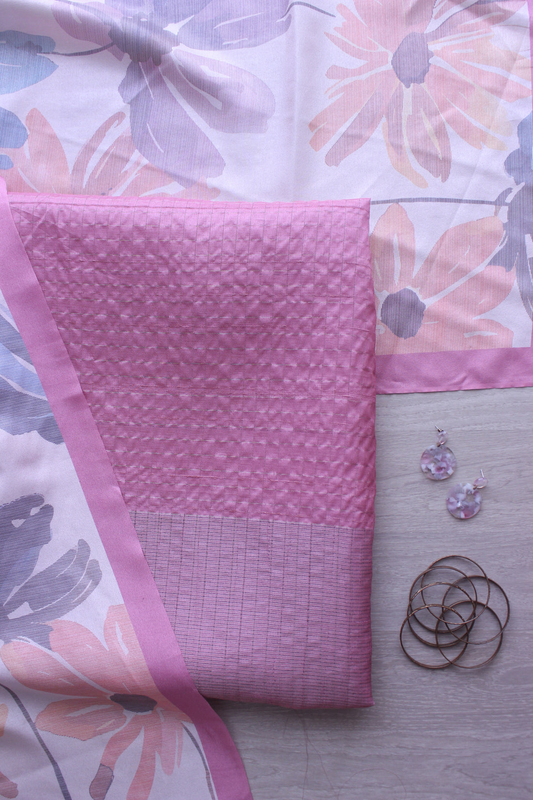 Pastel Pink Satin Daman Check Floral Accent Unstitched Fabric