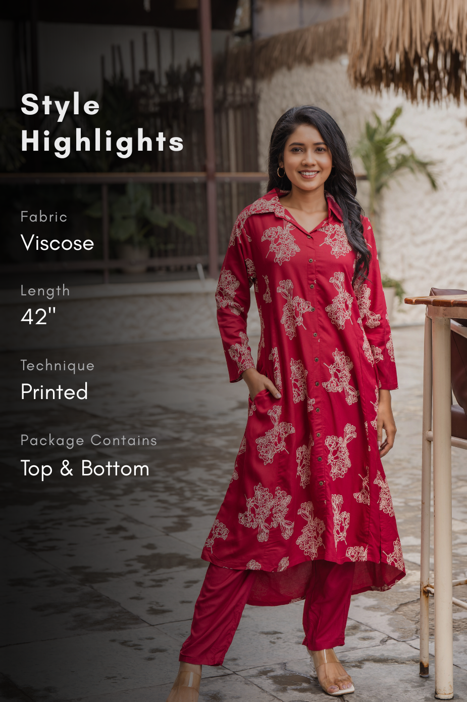 Flora Ensemble Red Viscose Co-ord with Shirt Collar &amp; 3/4th Sleeves