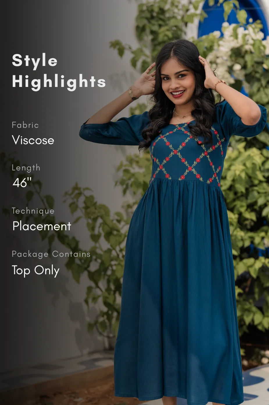 Regal Bloom Teal Viscose Dress with Square Neck &amp; 3/4th Sleeves