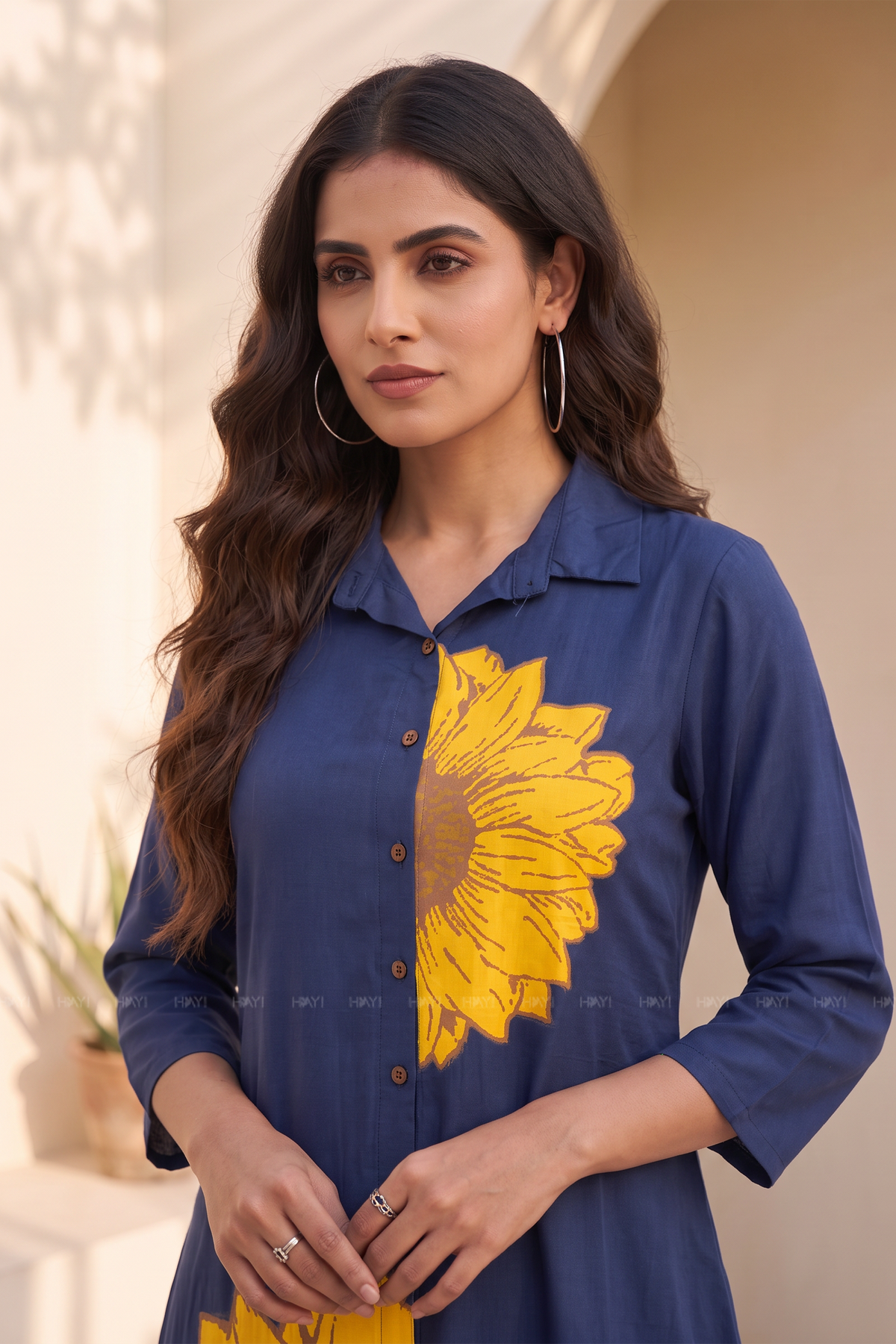Sunflower Sapphire Floral Shirt Collar A-Line Dress