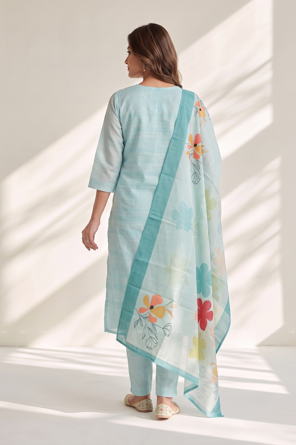 Blueish Blue 3 Piece Tussar Silk Blend Printed Hand-Embroidered Kurta with Pant &amp; Dupatta
