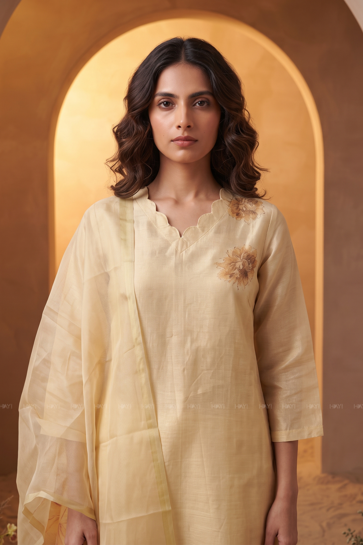 Mimsa Yellow Shimmer Tissue Kurta Set with Dupatta