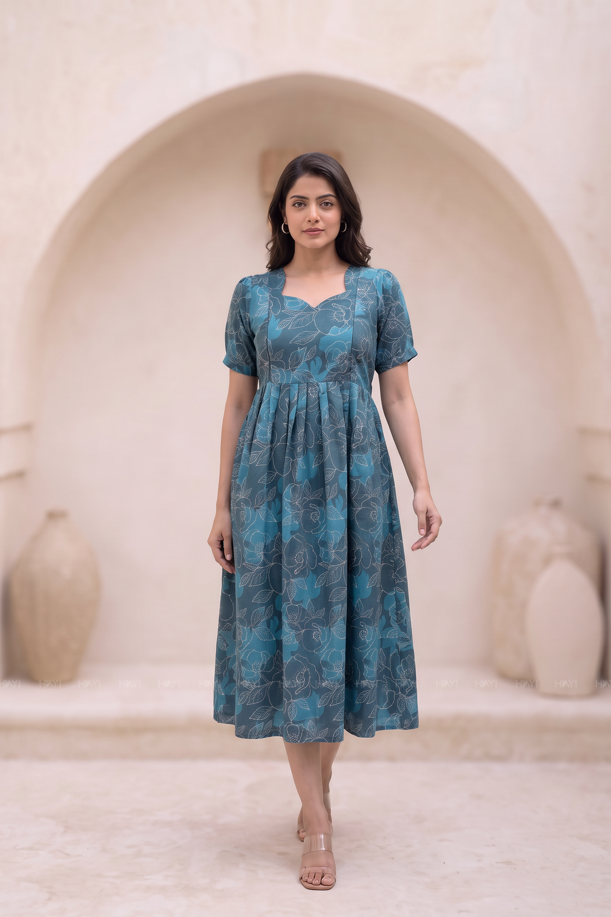 Whimsical Botanical Teal Printed Maternity Maxi Dress