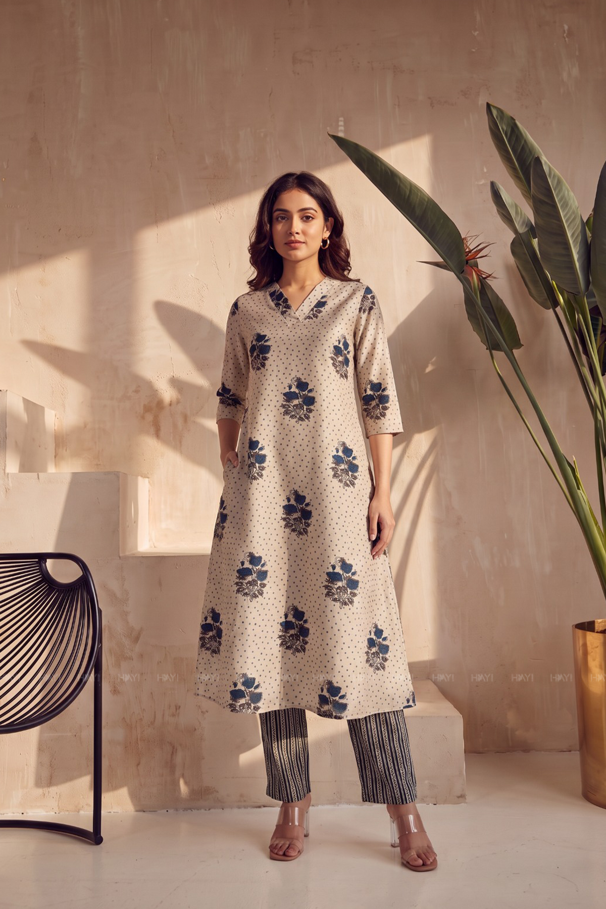 Cobalt Blossom White and Blue Silk Blend Printed Co-ord Set