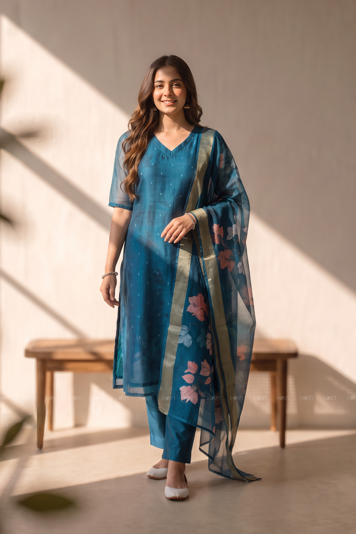 Ocean Blossom Blue Silk Blend Butti Printed 3-Piece Kurta Set