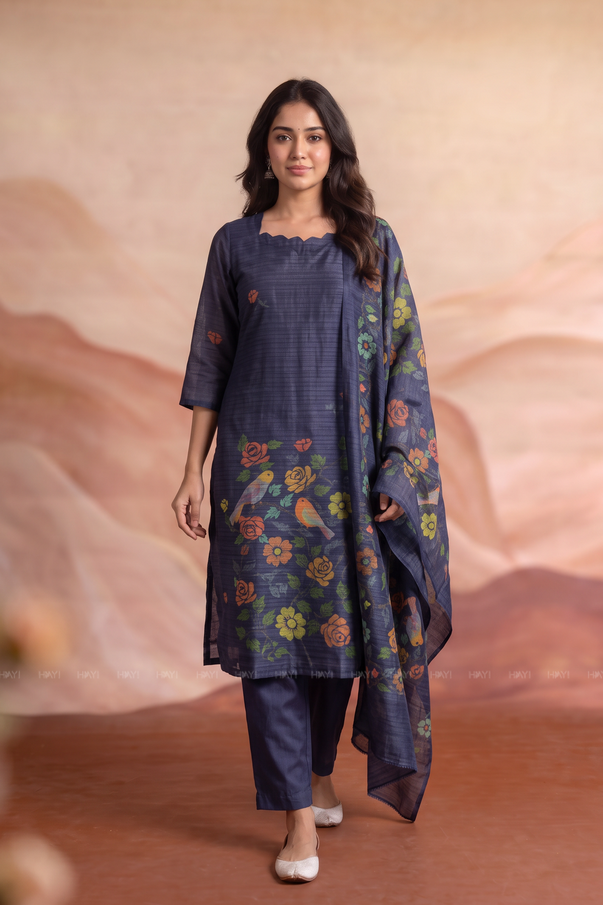 Bird Botanica Blue Tussar Silk Blend Floral Printed 3-Piece Kurta Set with Dupatta