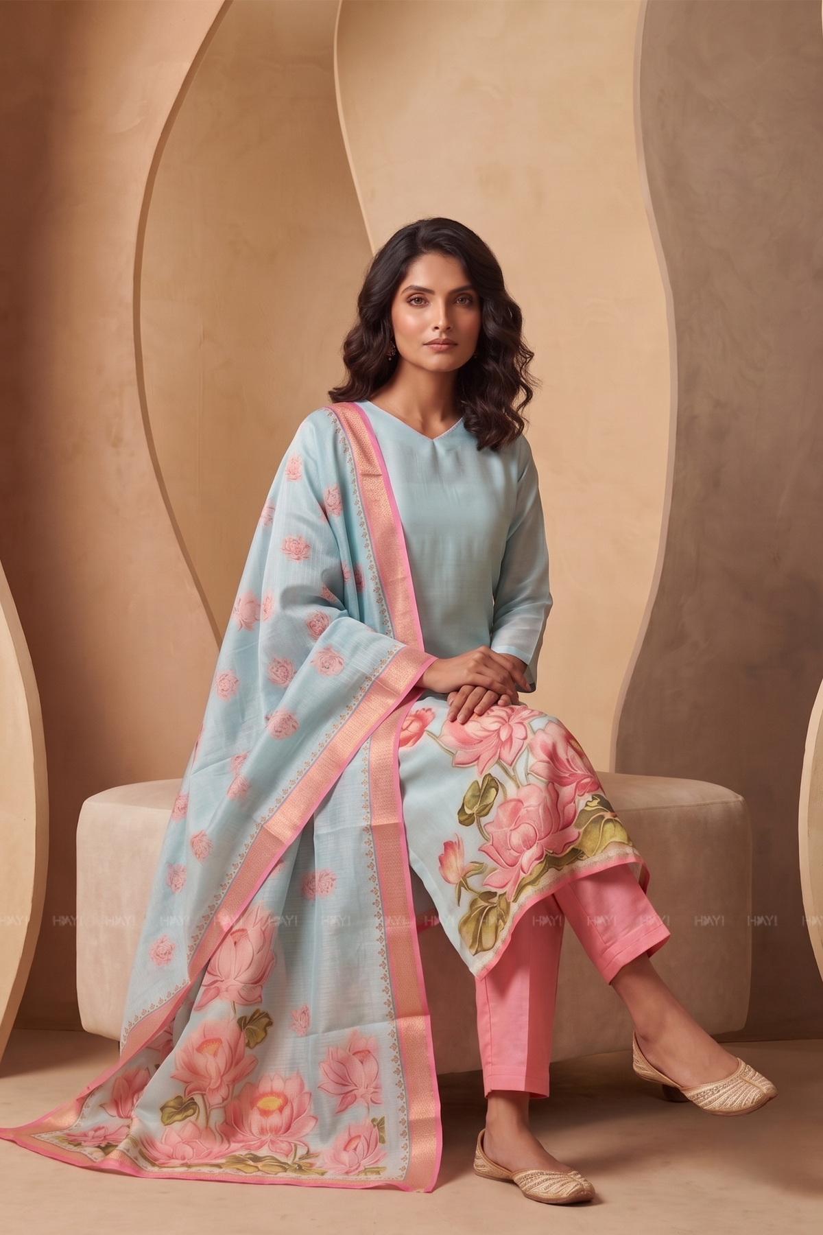 Lotus Mist Blue Printed 3 Piece Shimmer Tissue Kurti Set with Dupatta