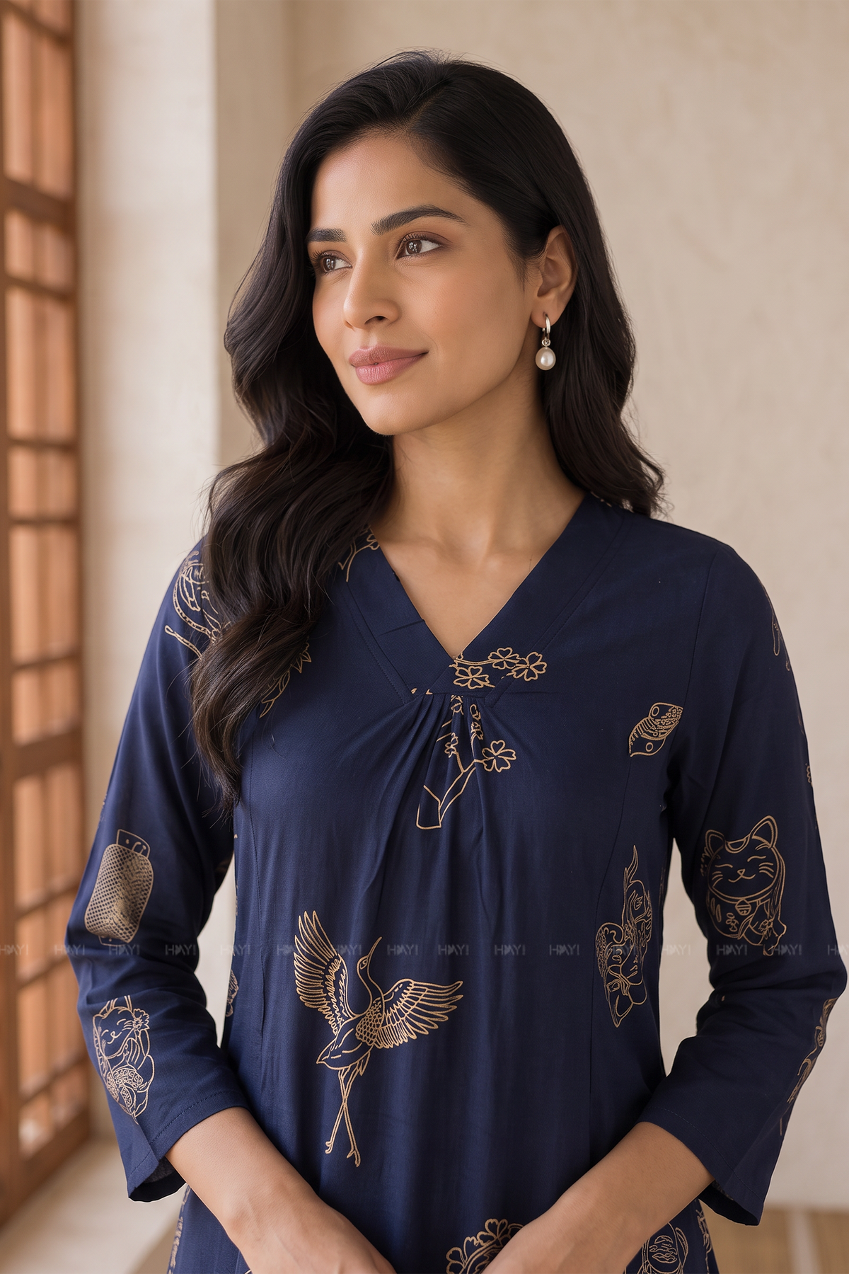 Midnight Crane Printed A-Line Kurta