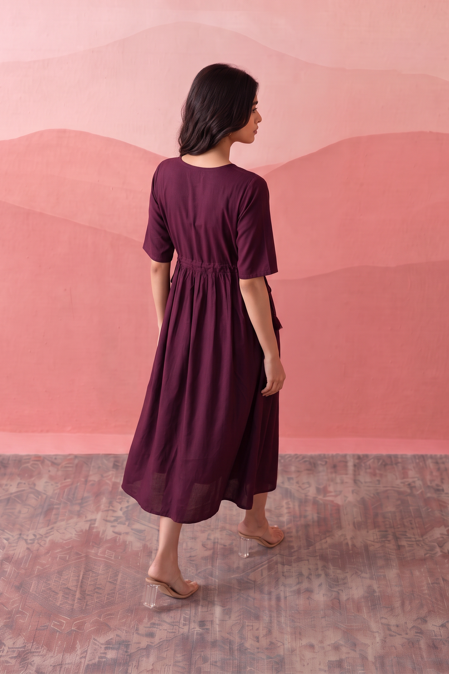 Plum Sparrow Maroon Embroidered Umbrella Dress