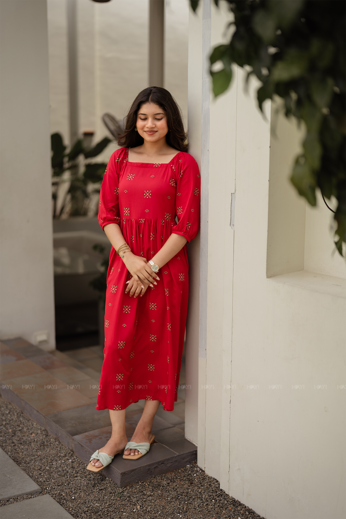 Carmine Red Floral Printed Twirl Dress