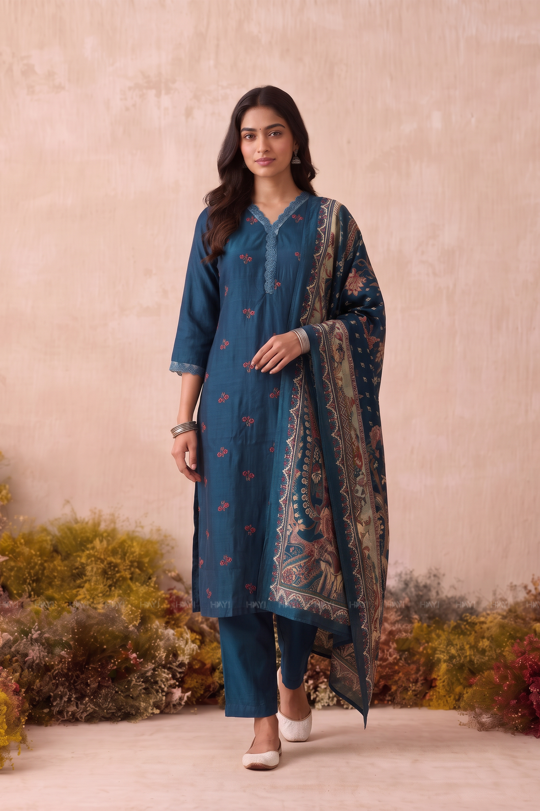 Floral Laceway Teal Silk Blend Embroidered 3-Piece Kurta Set