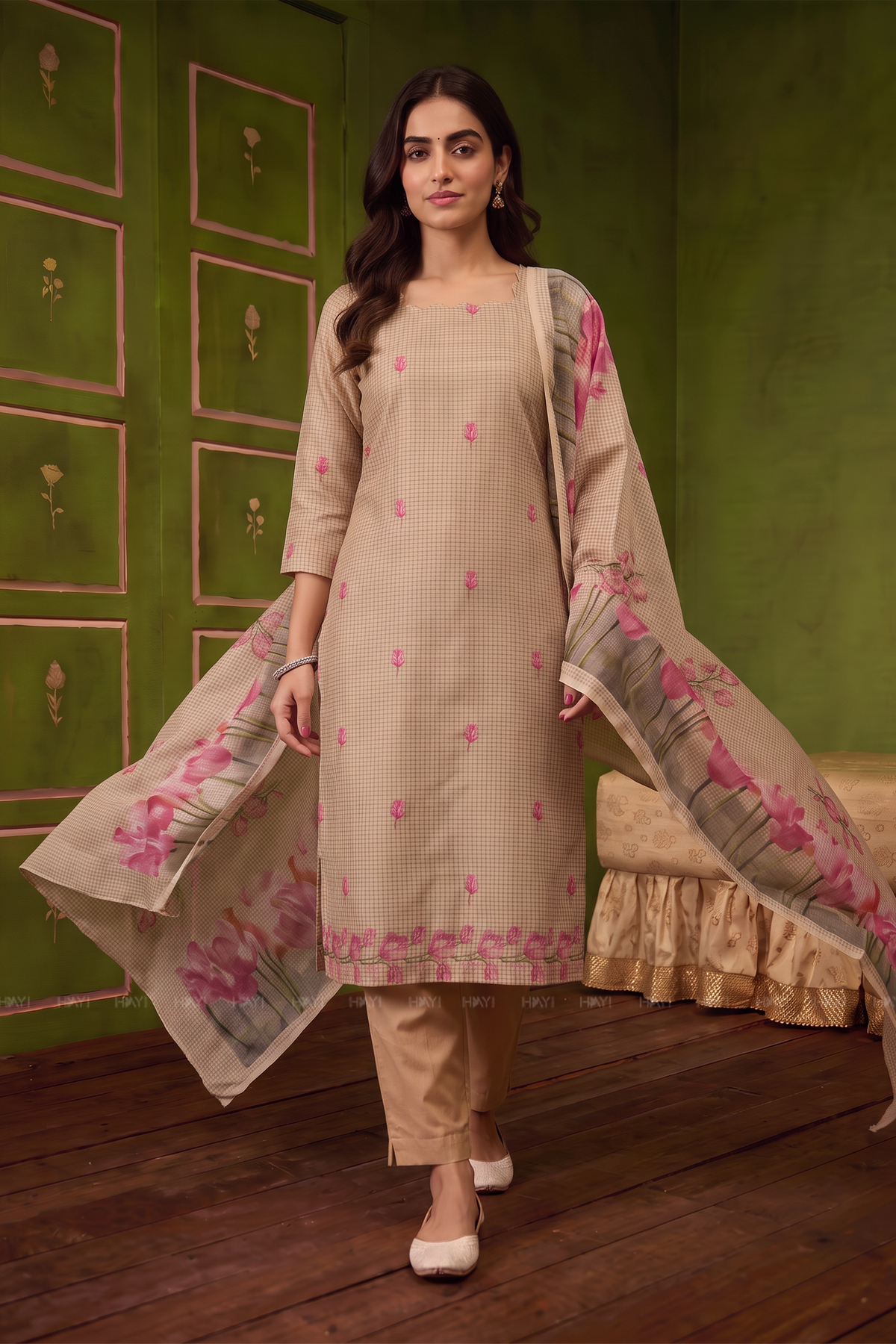 Blush Elegance Beige Silk Blend Printed 3-Piece Kurta Set