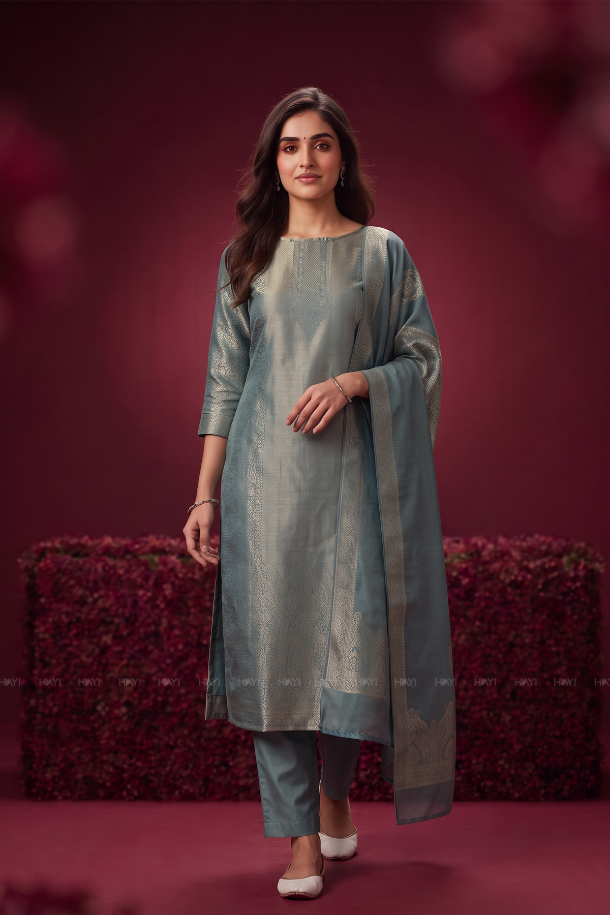 Aavira Ice Blue Silk Blend Jacquard 2 Piece set