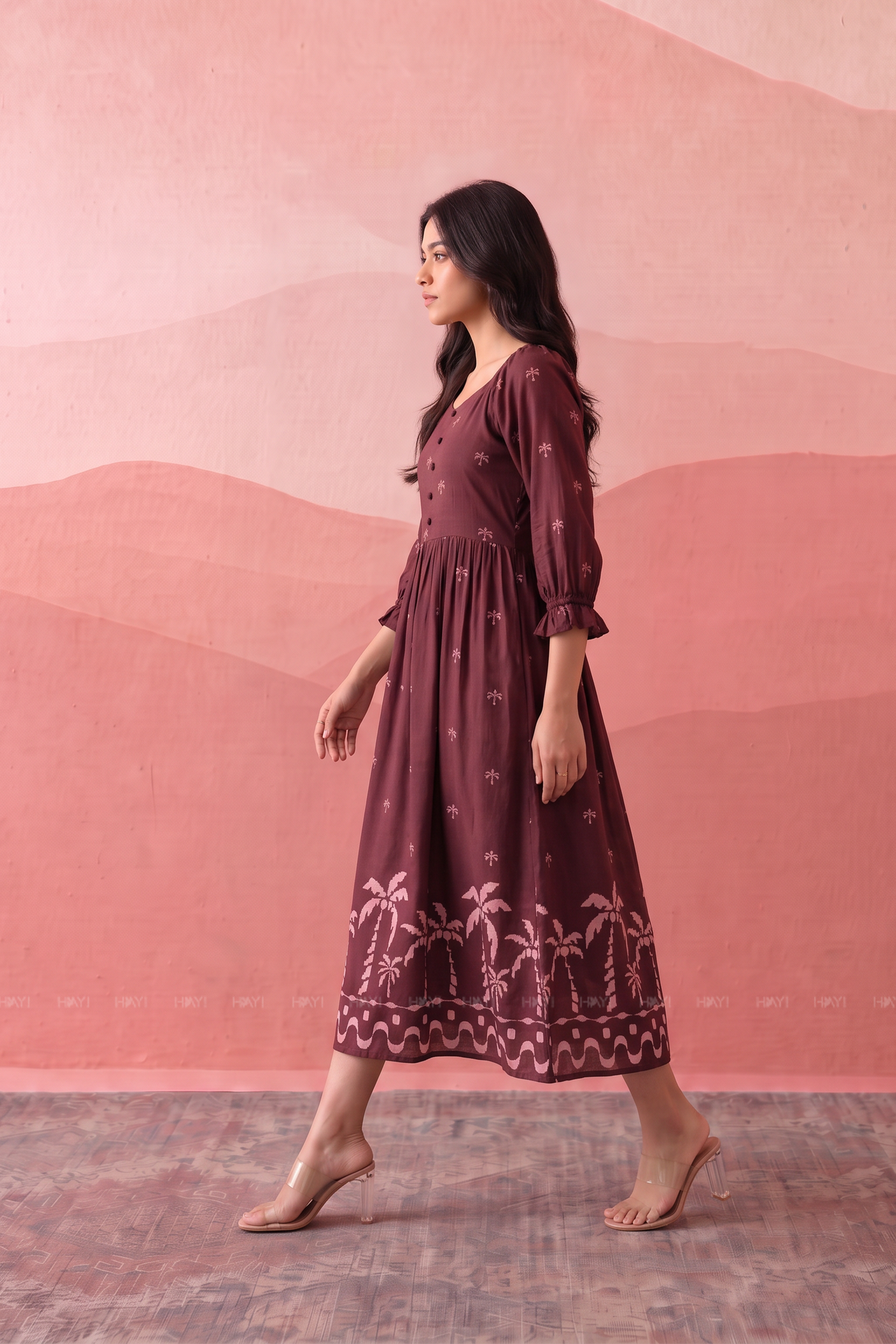 Palm Whisper Printed Maroon Dress