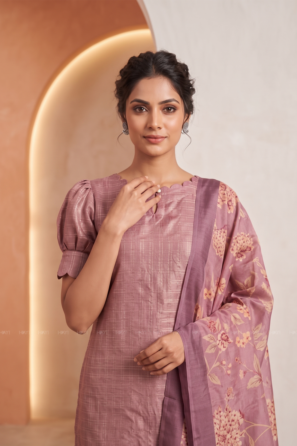 Dusky Pink Satin Daman 3 Piece Silk Check Blend Floral Printed Kurta with Pant &amp; Dupatta