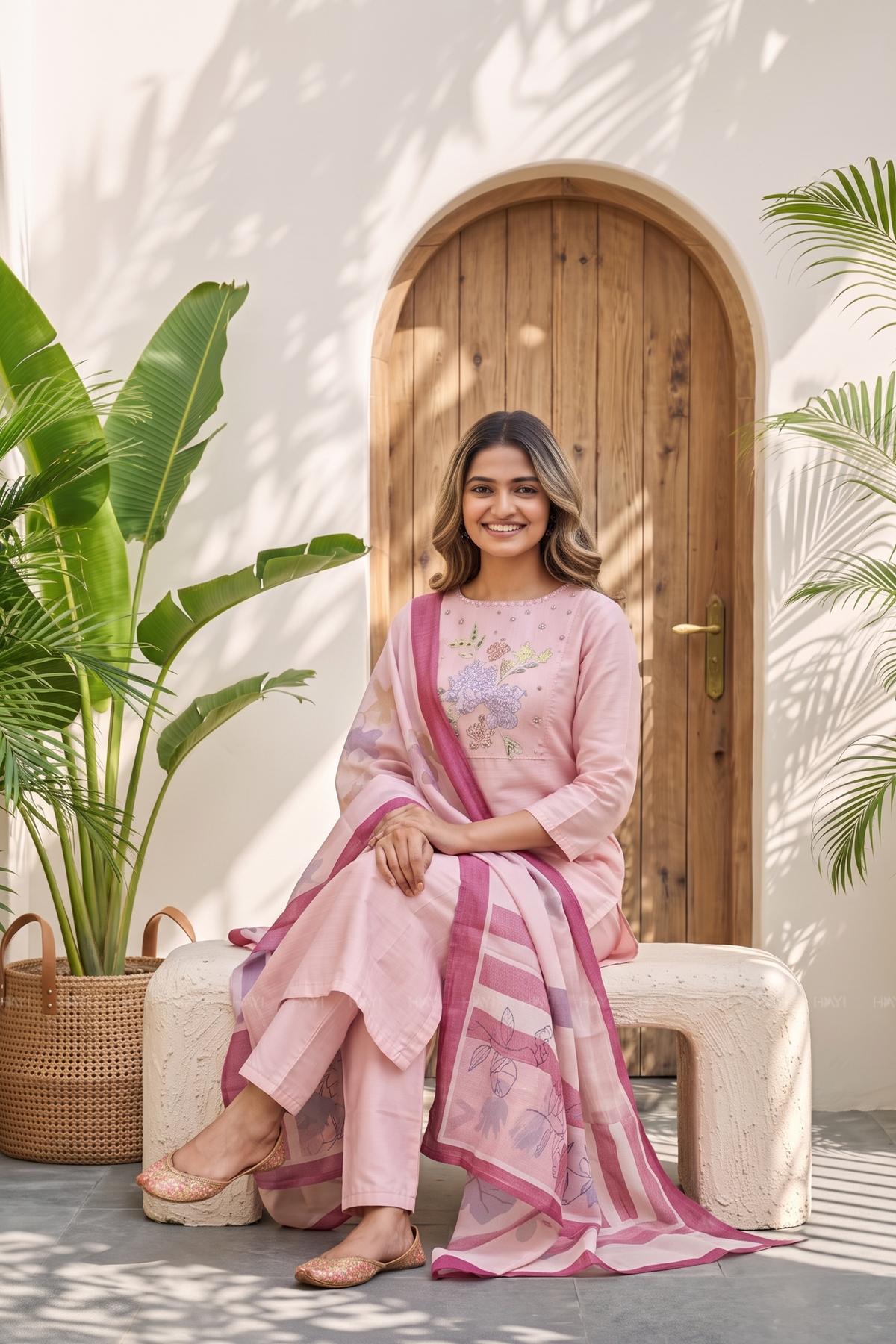 Rose Mist Light Pink 3 Piece Tussar Silk Blend Floral Embroidered &amp; Printed Kurta with Pant &amp; Dupatta