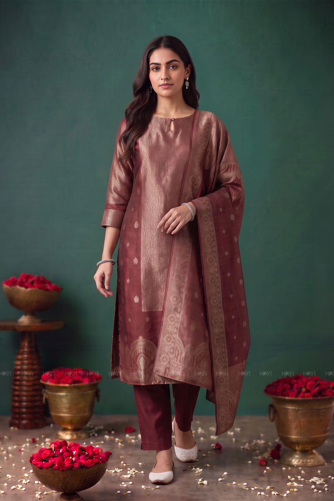 Roselle Red Silk Blend Jacquard 2-Piece Straight Kurta Set