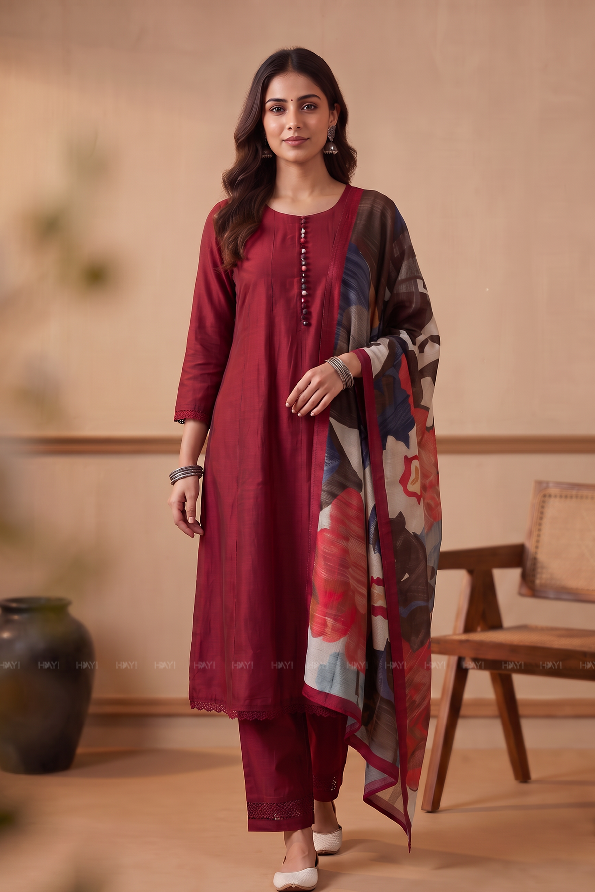 Berry Cascade Red Silk Blend Printed 3-Piece Kurta Set