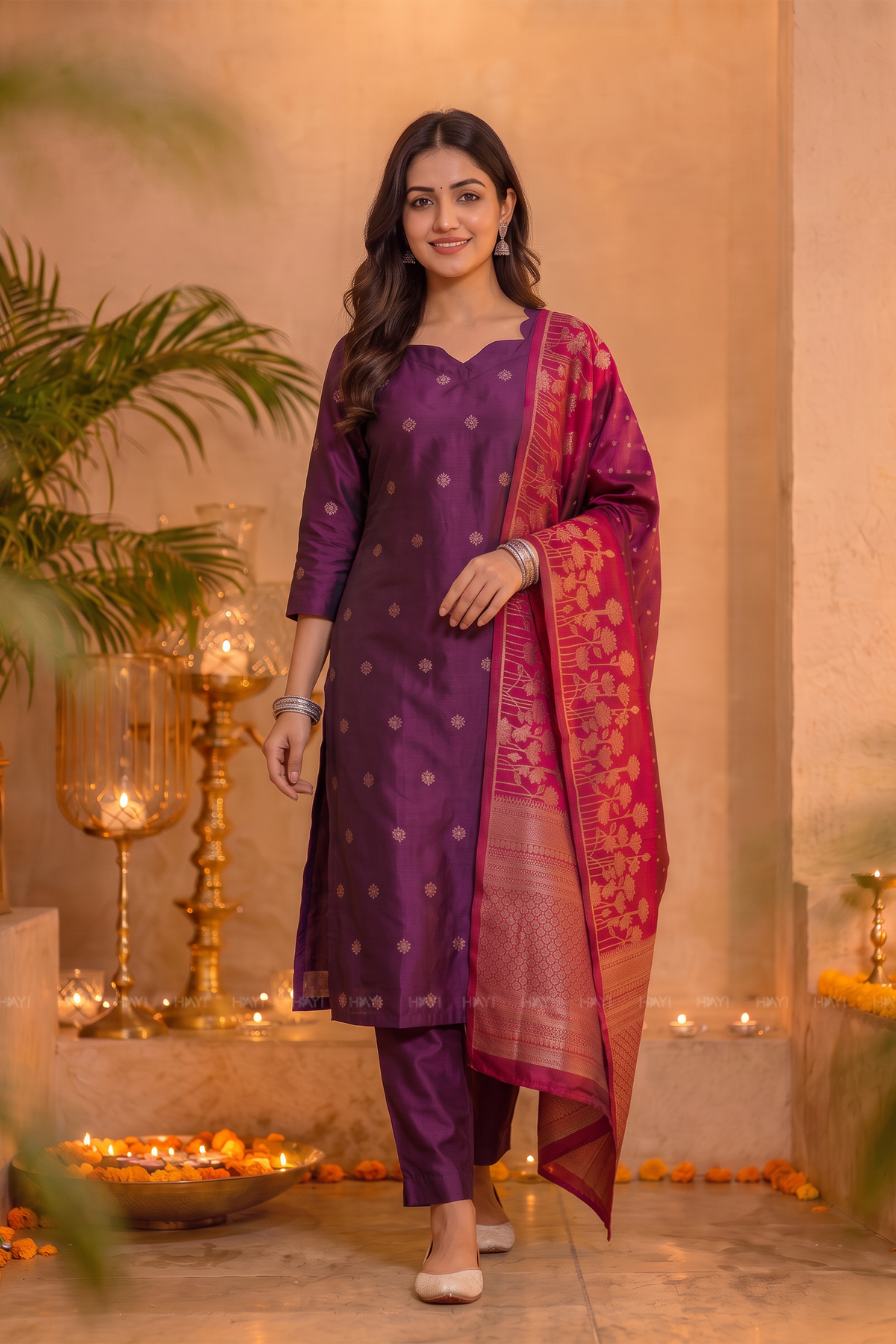 Blooming Amethyst Purple Silk Blend Jacquard Woven 3-Piece Kurta Set