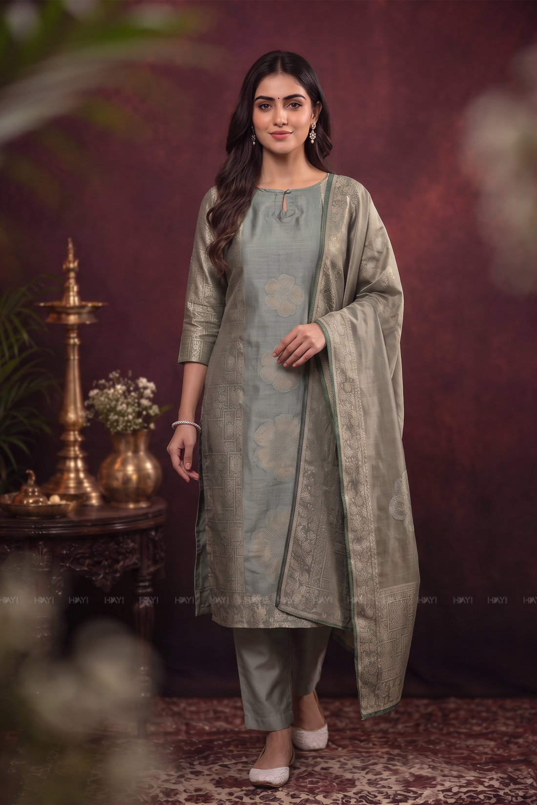 Sage Mist Green Silk Blend Jacquard 2-Piece Kurta Set