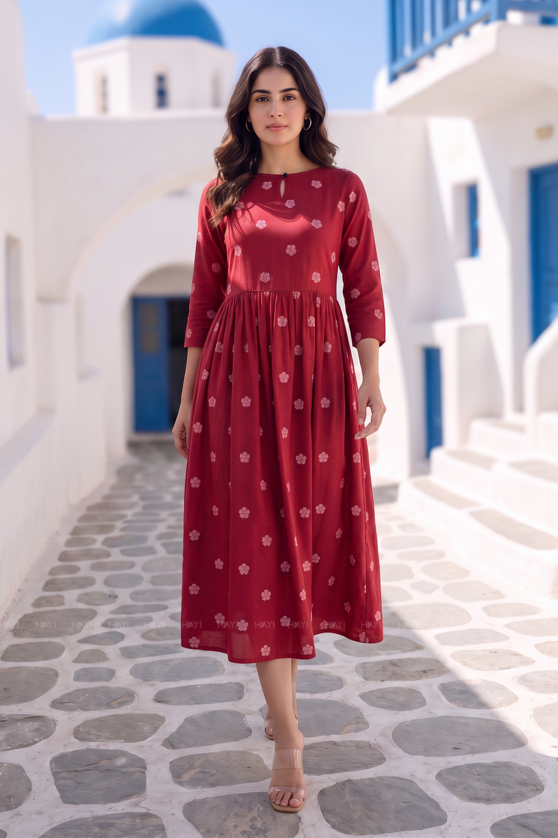 Ruby Meadow Red Viscose Printed Umbrella Dress