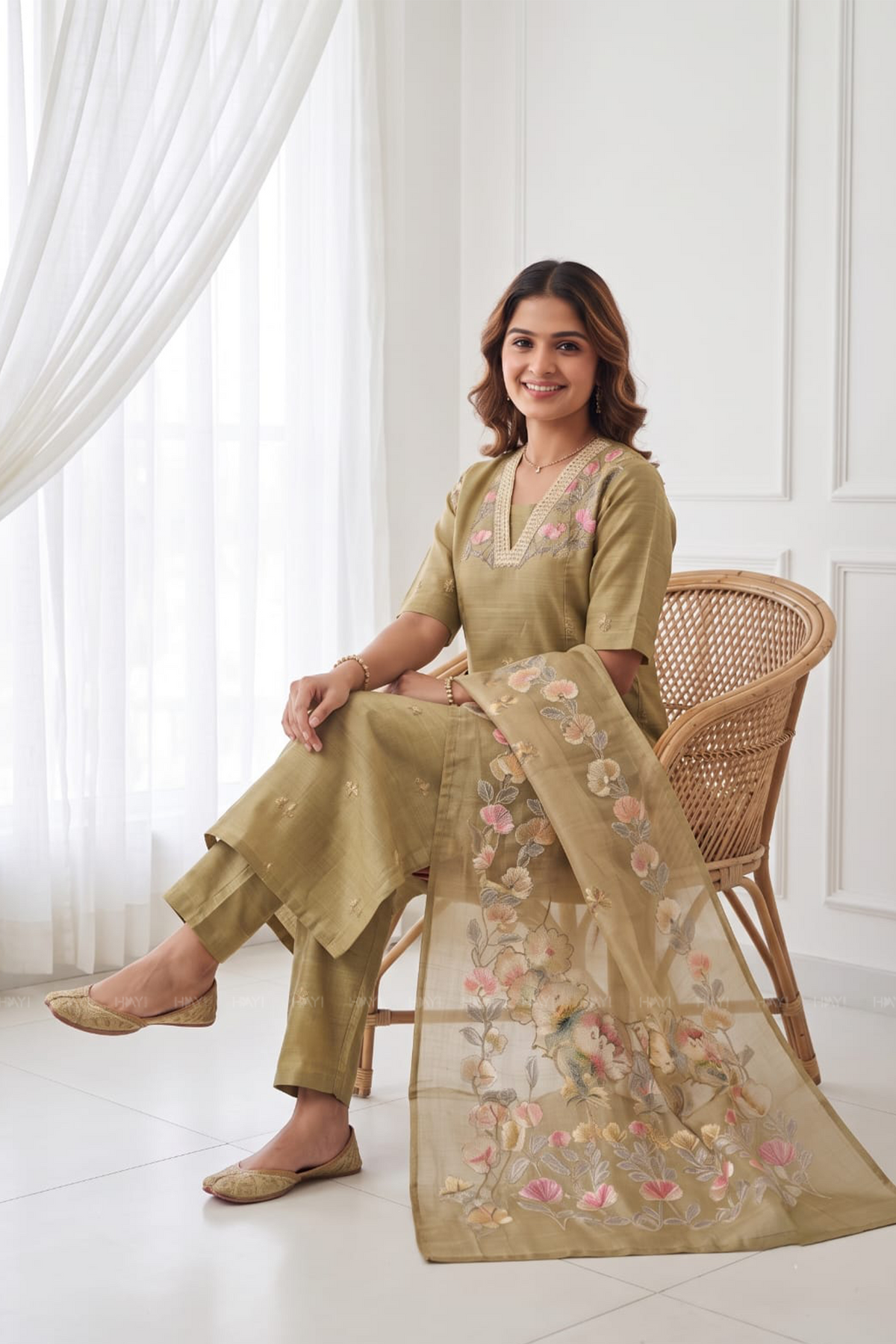 Classic Natural Yellow 3-Piece Tussar Silk Blend Floral Hand-Embroidered Kurta with Pant &amp; Dupatta