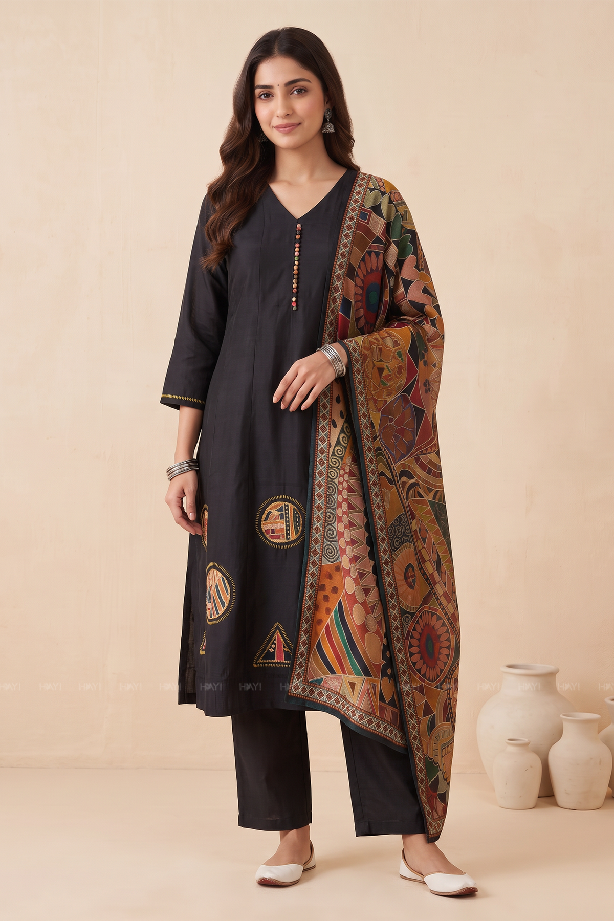 Artisan Mosaic Black Silk Blend Printed &amp; Embroidered 3-Piece Kurta Set