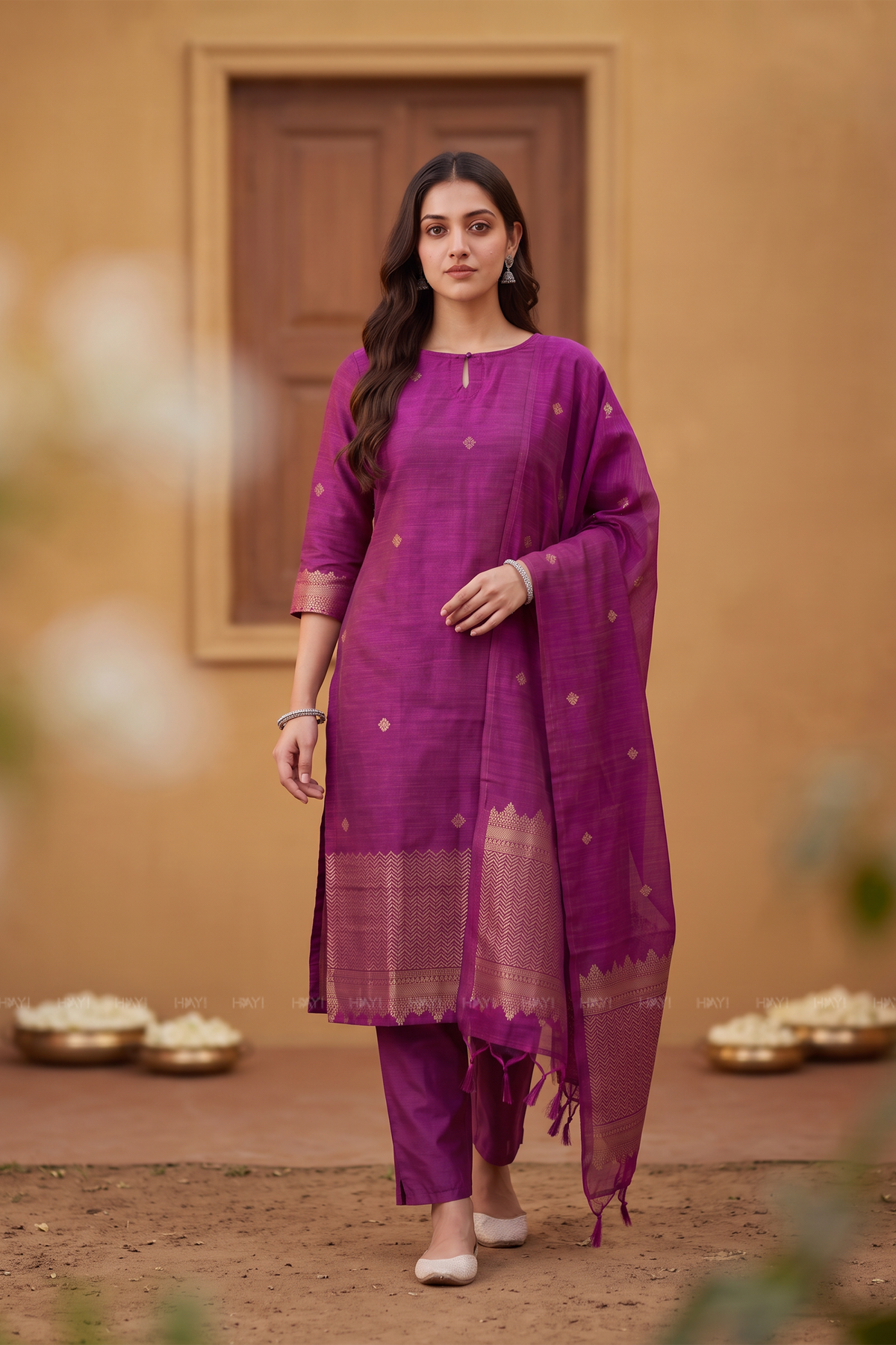 Purple Grace Silk-Blend Zari Weave 3-Piece Kurta Set