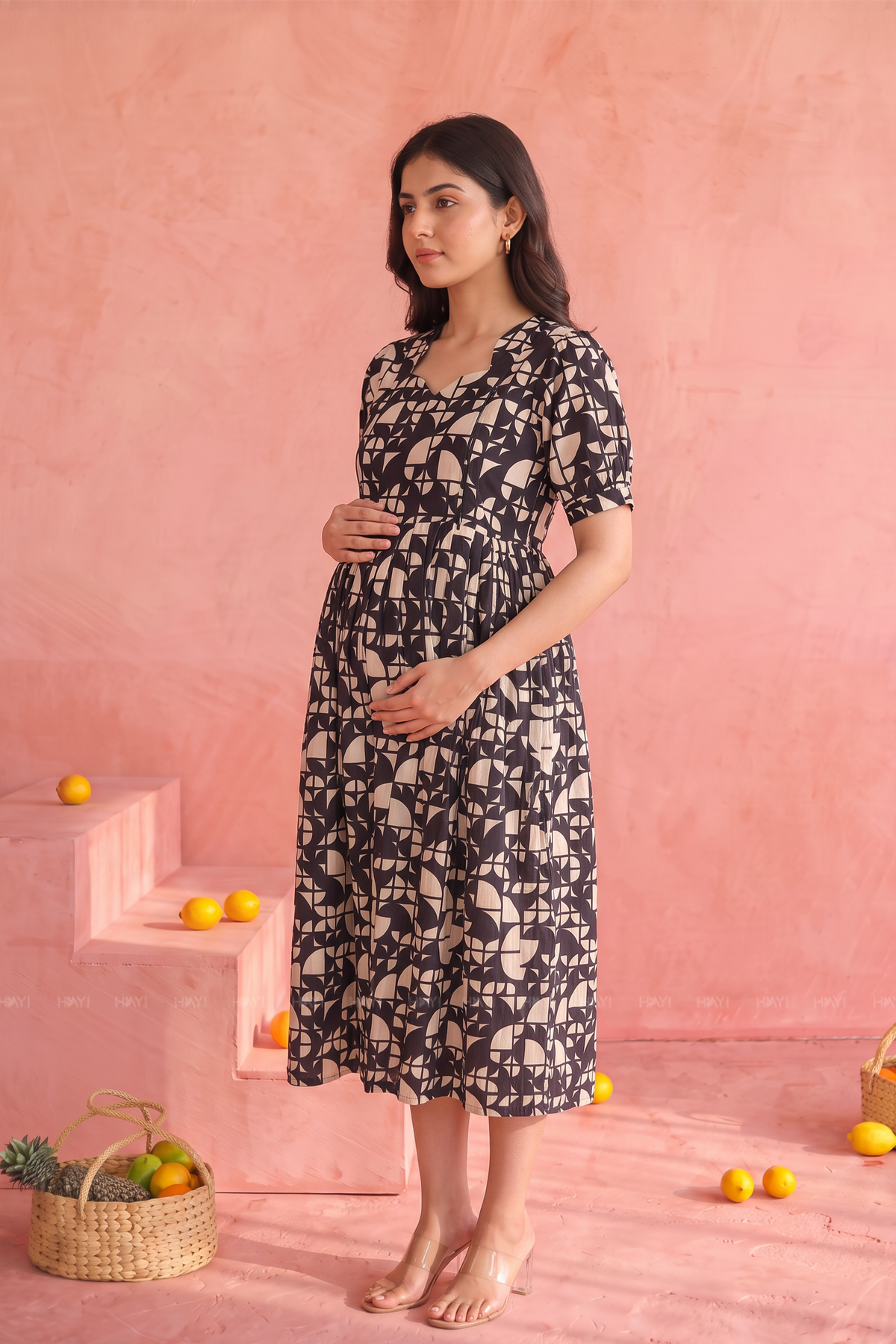 Geometry Mosaic Black Printed Maternity Maxi Dress
