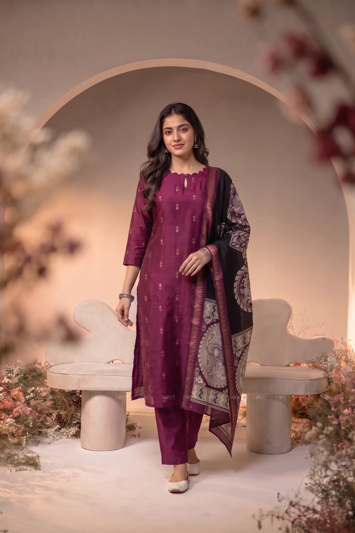 Gulabi Zari Magenta Silk Blend Handloom 3-Piece Kurta Set