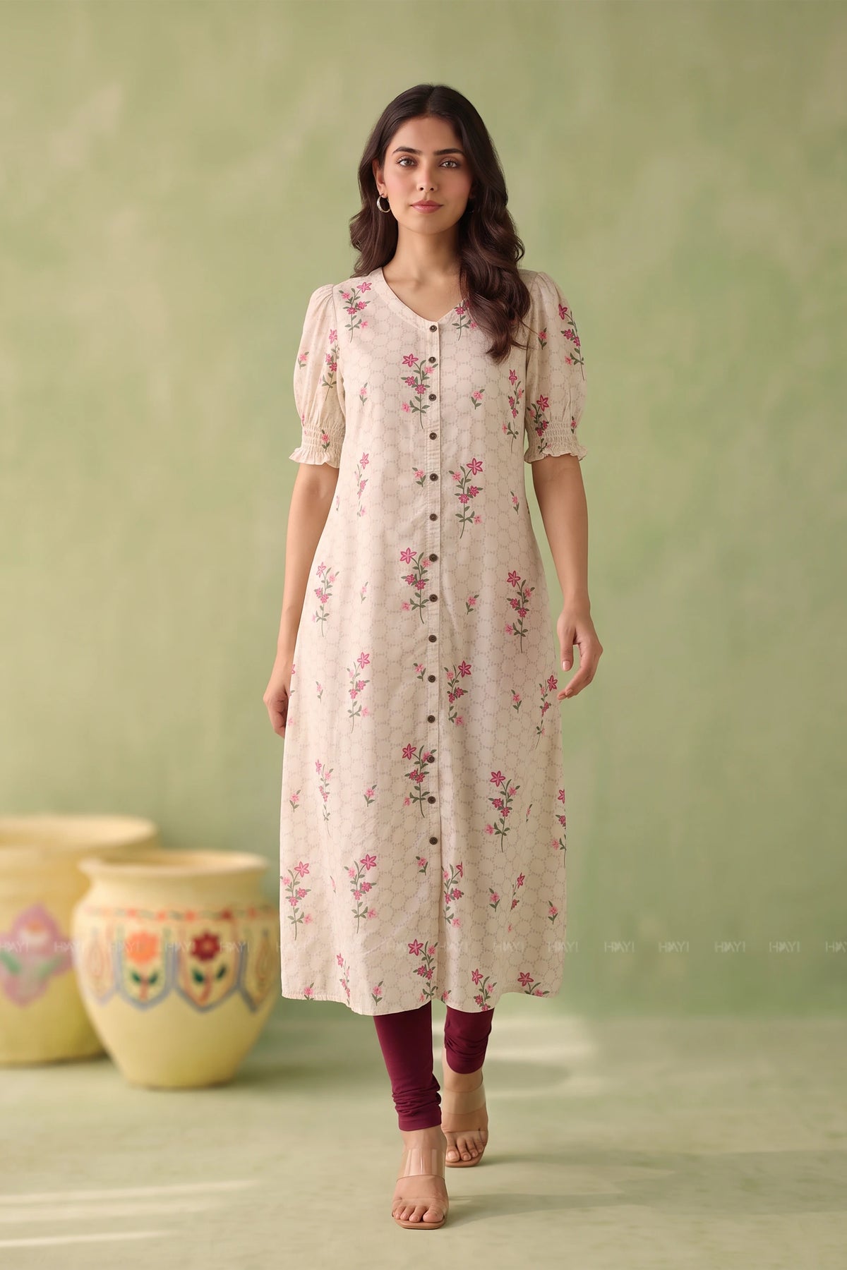 Little Flora Beige Floral Printed Viscose A-Line Kurta