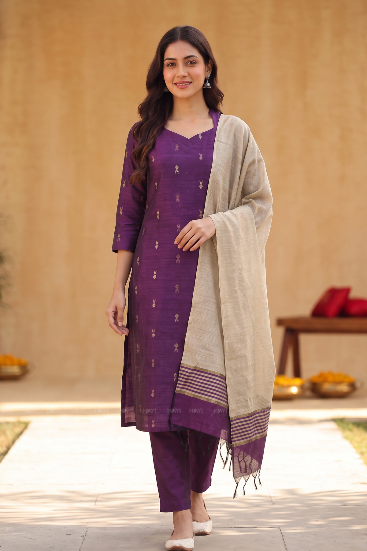 Purple Royale Silk Blend Handloom Woven 3-Piece Kurta Set
