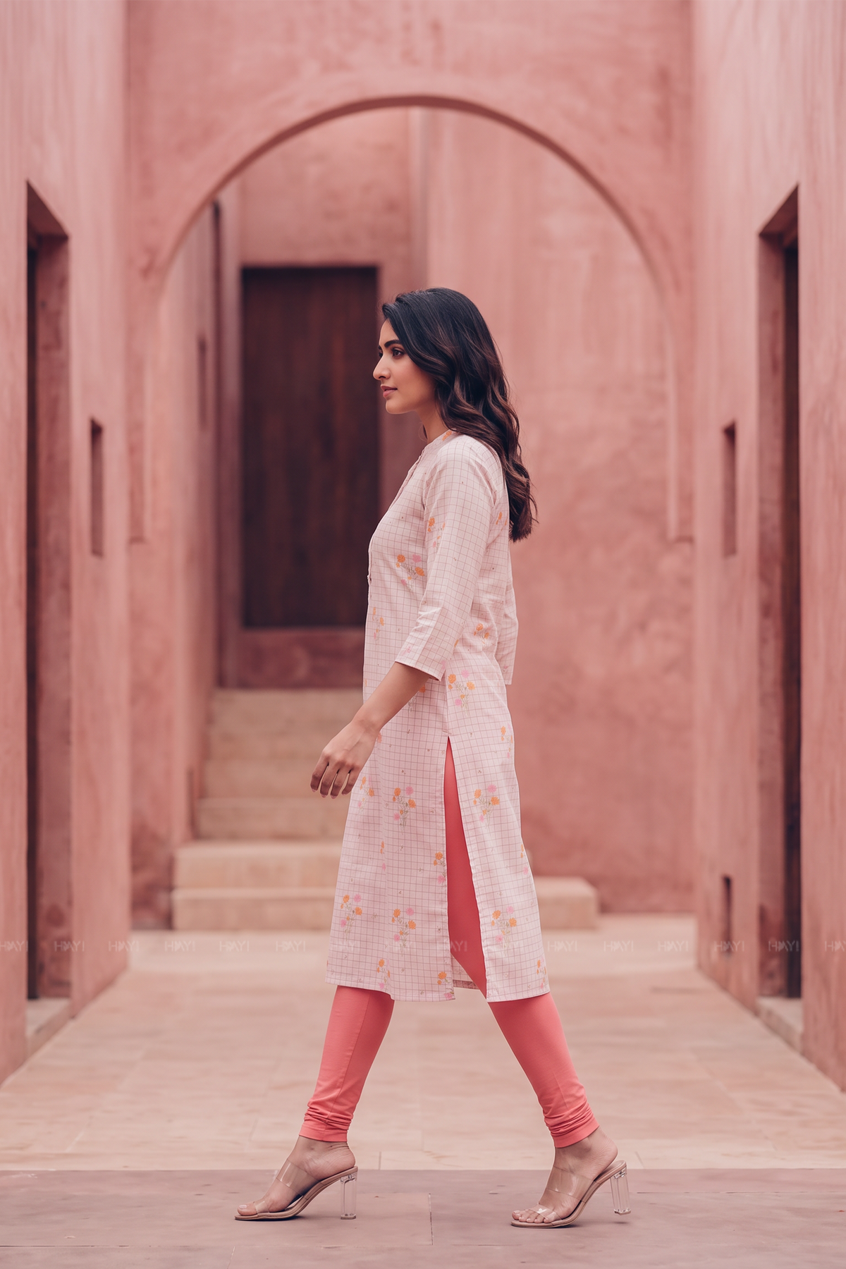 Bloom Grid Beige Linen Blend Floral Printed Kurta with Chinese Collar