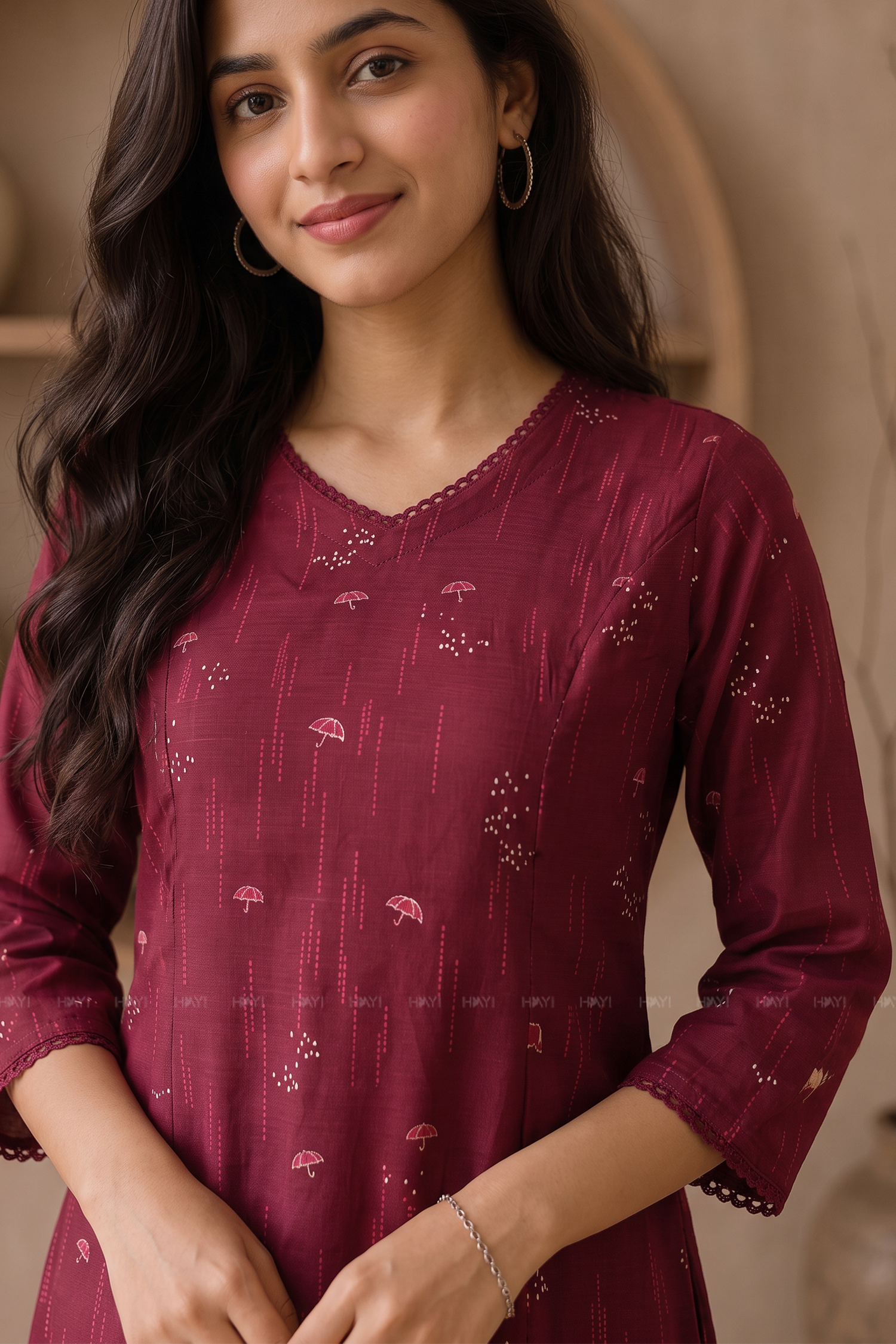 Burgundy Blossom Printed Red A-Line Kurta