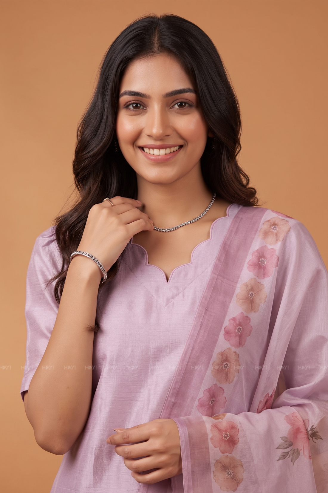 Lilac Blossom 3 Piece Crush Silk Blend Hand-Embroidered Kurta with Pant &amp; Dupatta