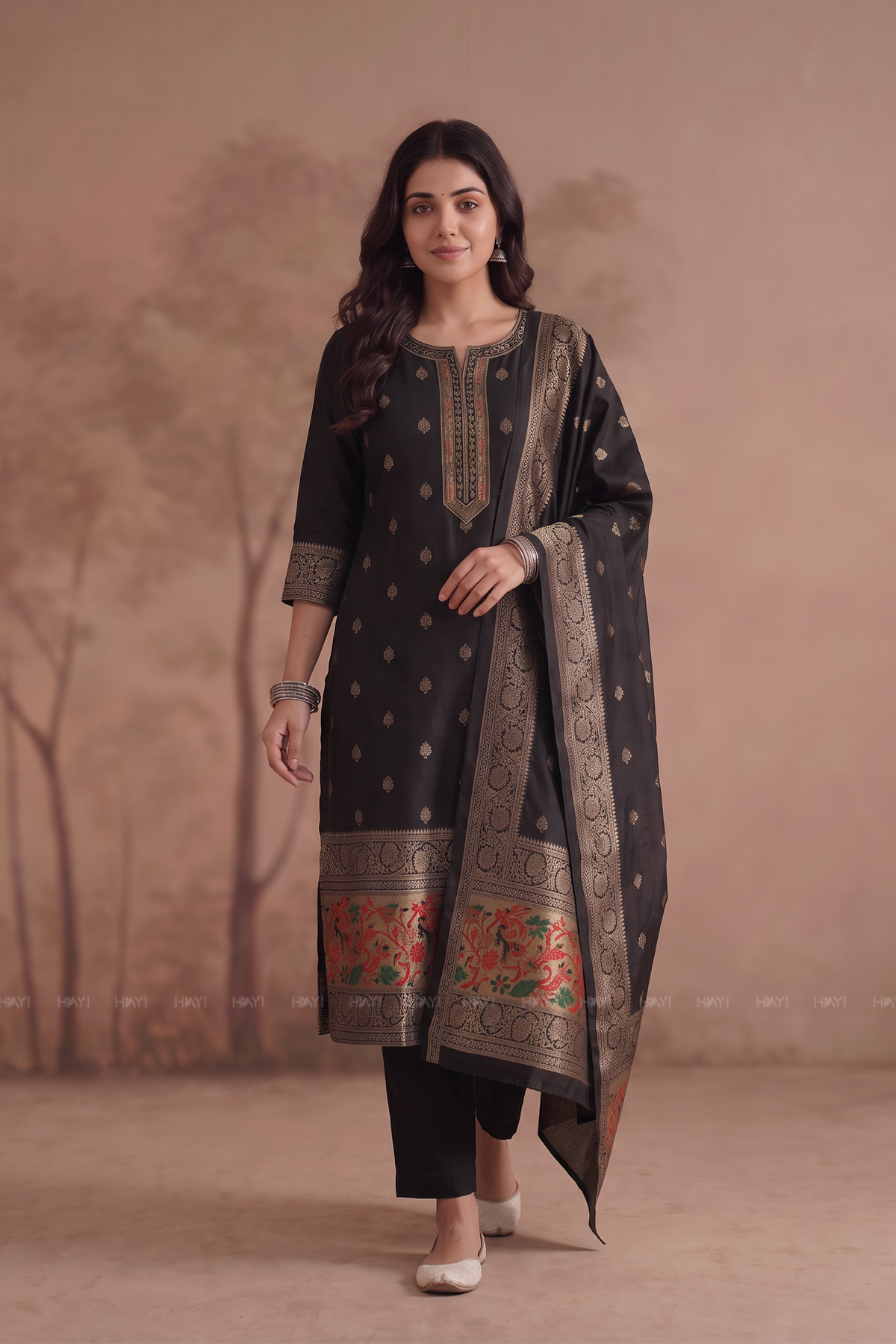 Obsidian Grace Black Silk Blend Woven 3-Piece Kurta Set